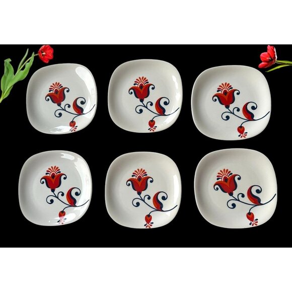 VTG 70s Block Langenthal Transition Bread Plates 6 piece Red Floral Pop Art - Picture 3 of 12